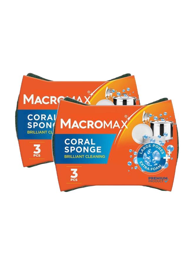 Macromax مجموعة إسفنجات ماكروماكس المرجانية - قطعتان × 3 قطع | إسفنجات غسيل أطباق متينة مزدوجة الطبقات للمطبخ - Image 1
